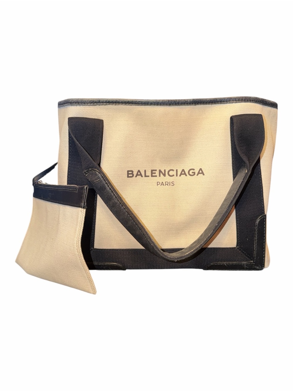 BALENCIAGA Canvas Navy Cabas Small Tote Bag w/ Pouch Black Leather Trim